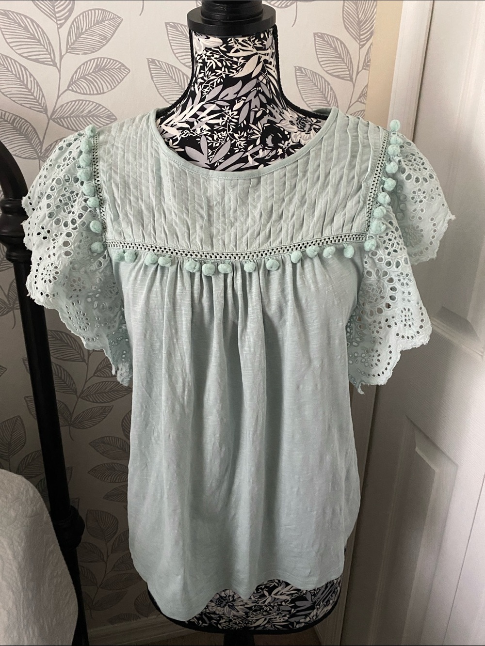 J Crew eyelet cap flutter sleeve top in pale mint with Pom Pom trim 100% cotton